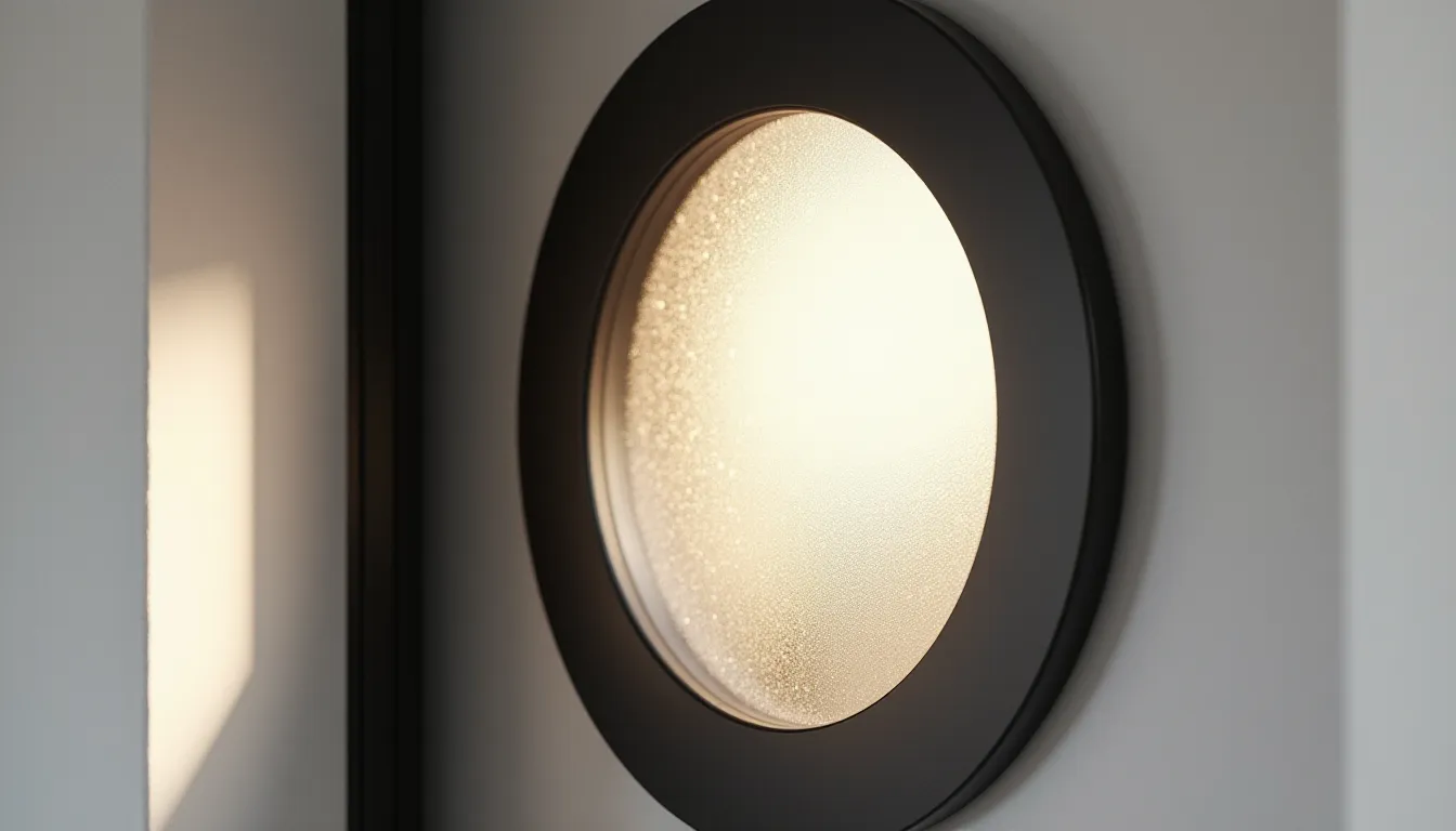 Gros plan sur un oculus de porte intérieure à cadre en acier noir mat avec verre dépoli type bullseye, diffusant une lumière naturelle douce en halo sur un mur blanc