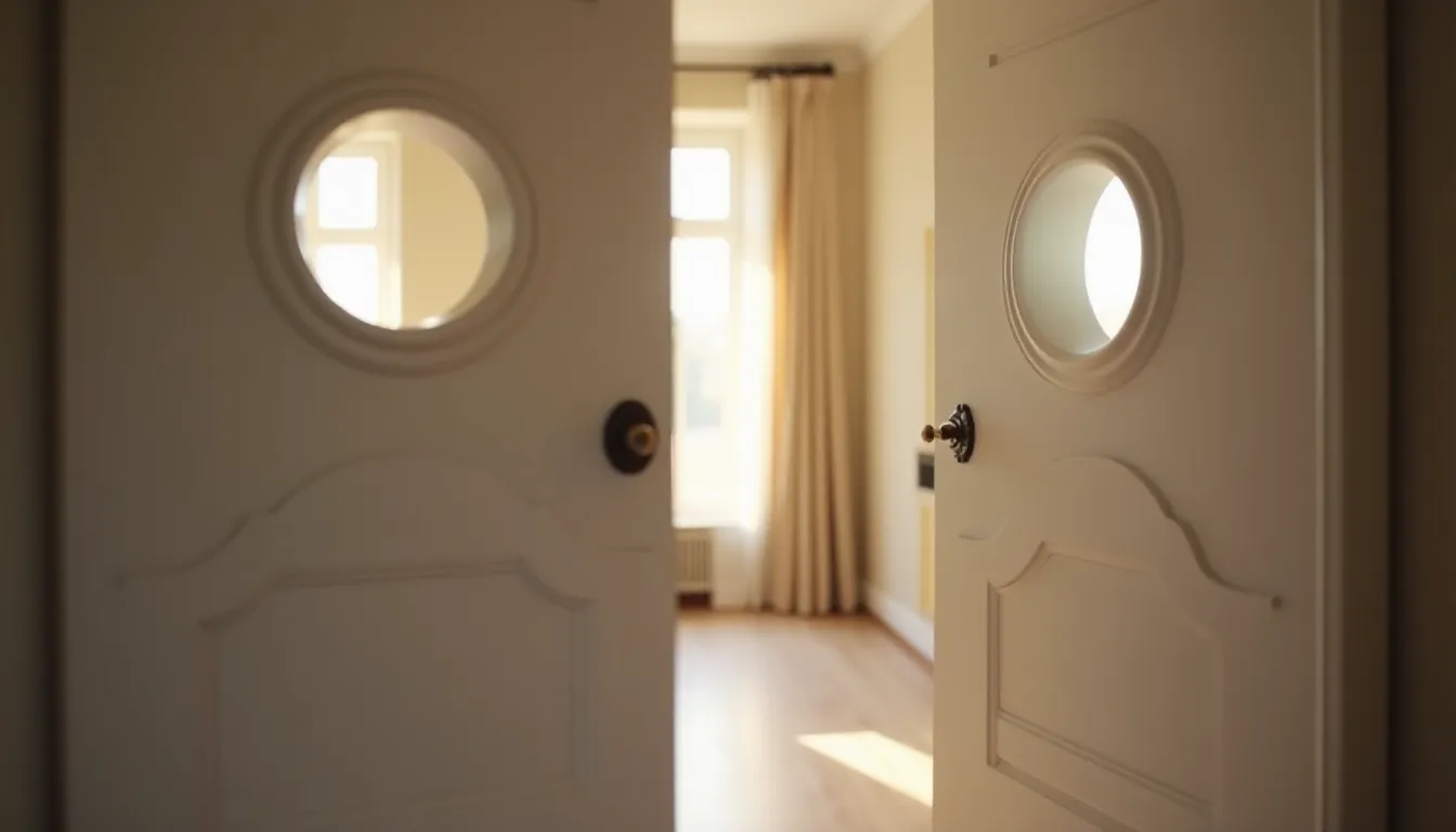 Vue en enfilade de deux portes intérieures chacune équipée d'un oculus pour porte intérieure, créant un effet de profondeur lumineuse dans un appartement contemporain