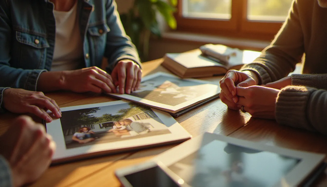 Famille rassemblée autour d'une table en train de sélectionner des photos pour un avis de décès parmi des albums et tirages anciens