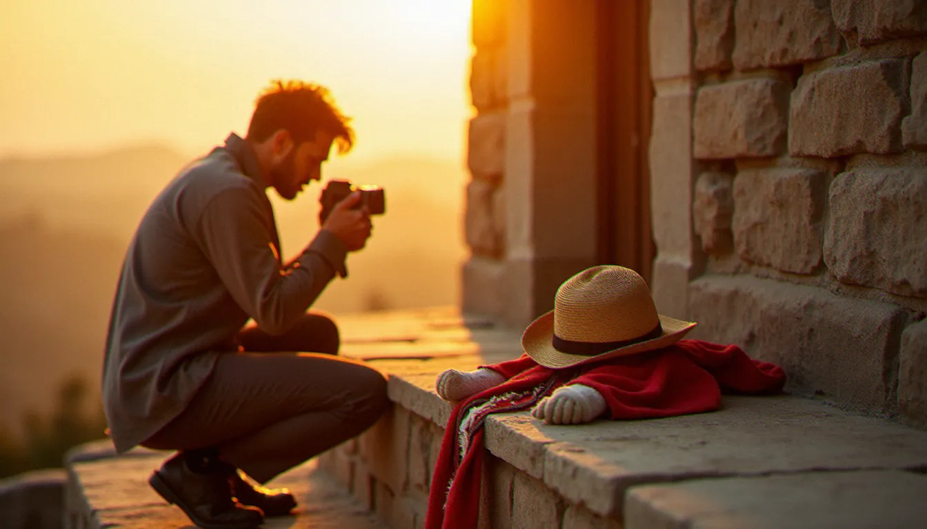 Préparation d'un shooting photo avis de recherche Luffy en extérieur au pied d'une tour médiévale, avec lumière naturelle dorée et accessoires cosplay sur fond de pierre brute