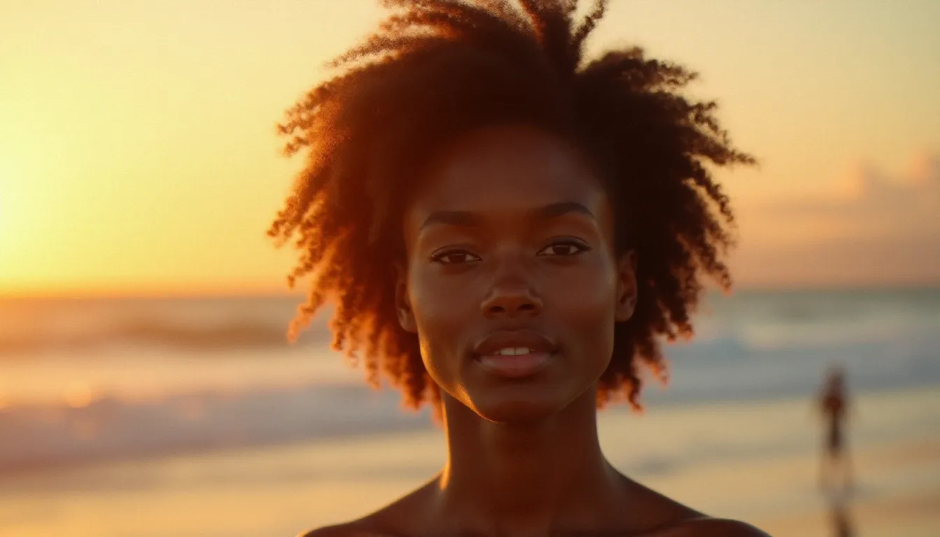 Portrait en lumière latérale dorée d'une femme à peau foncée phototype VI sur une plage atlantique au coucher du soleil, lumière naturelle révélant la richesse des tons profonds