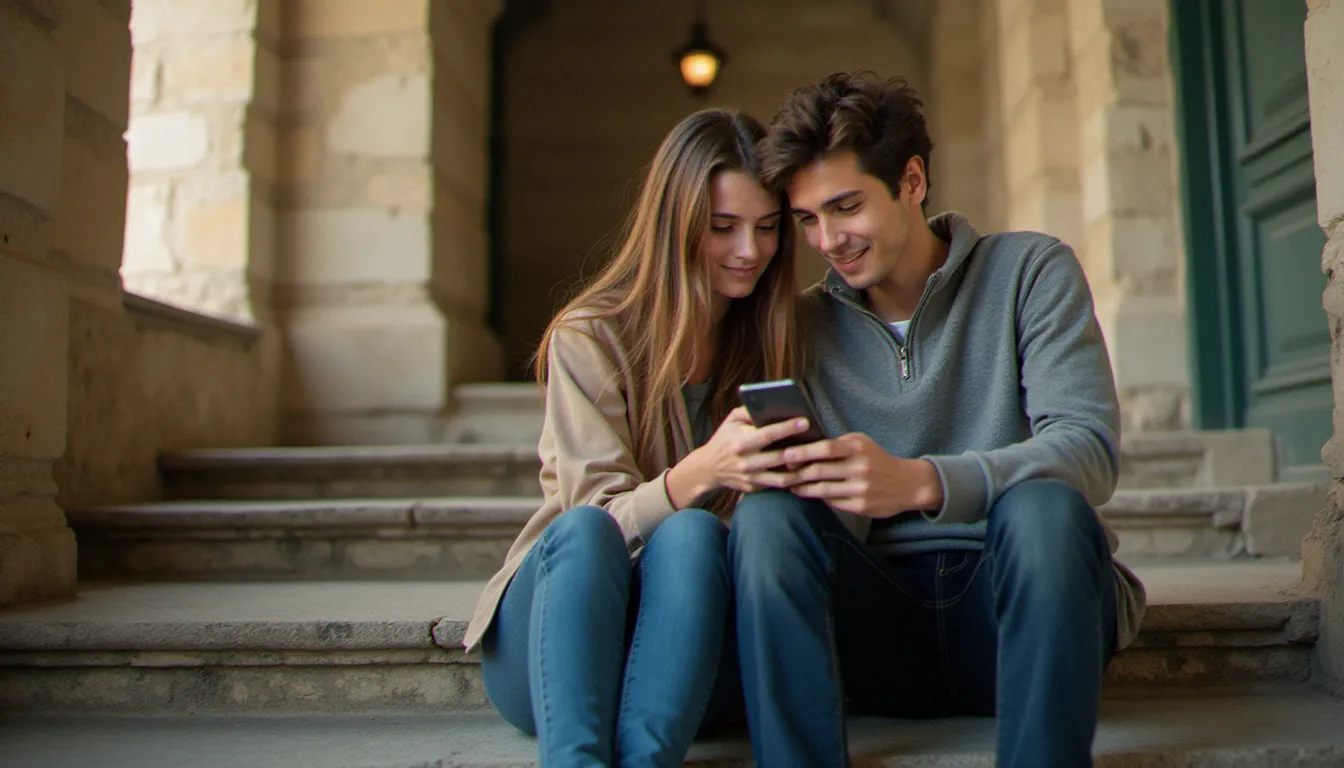 Deux meilleurs amis, une fille et un garçon, assis sur des marches en pierre sous une lumière naturelle douce, partageant un moment de complicité spontanée autour d'un téléphone