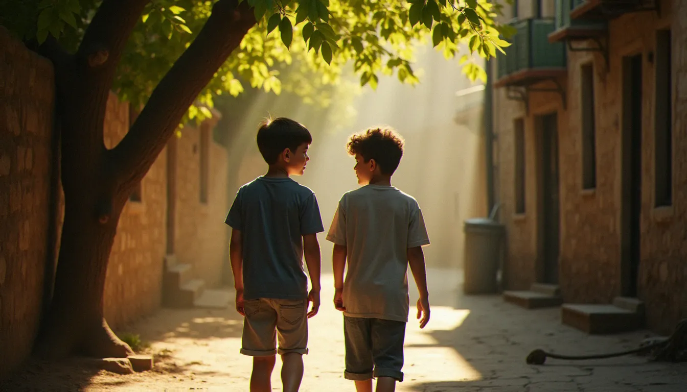 Deux garçons amis photographiés en lumière naturelle matinale filtrée dans une ruelle pavée, lumière douce et diffuse créant une atmosphère intime et complice
