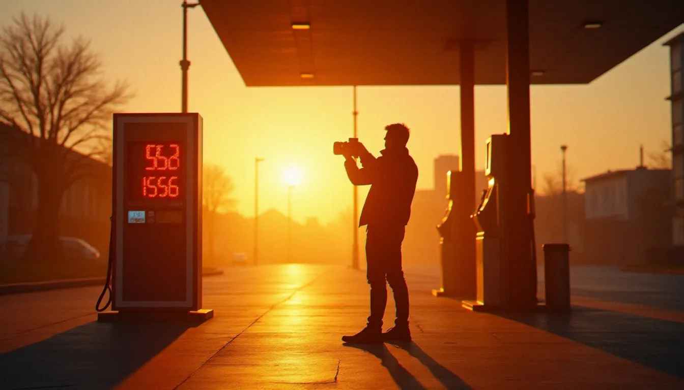 Photographe en silhouette capturant une photo prix carburant avec son appareil photo à l'heure dorée, longues ombres matinales sur le parvis d'une station-service française