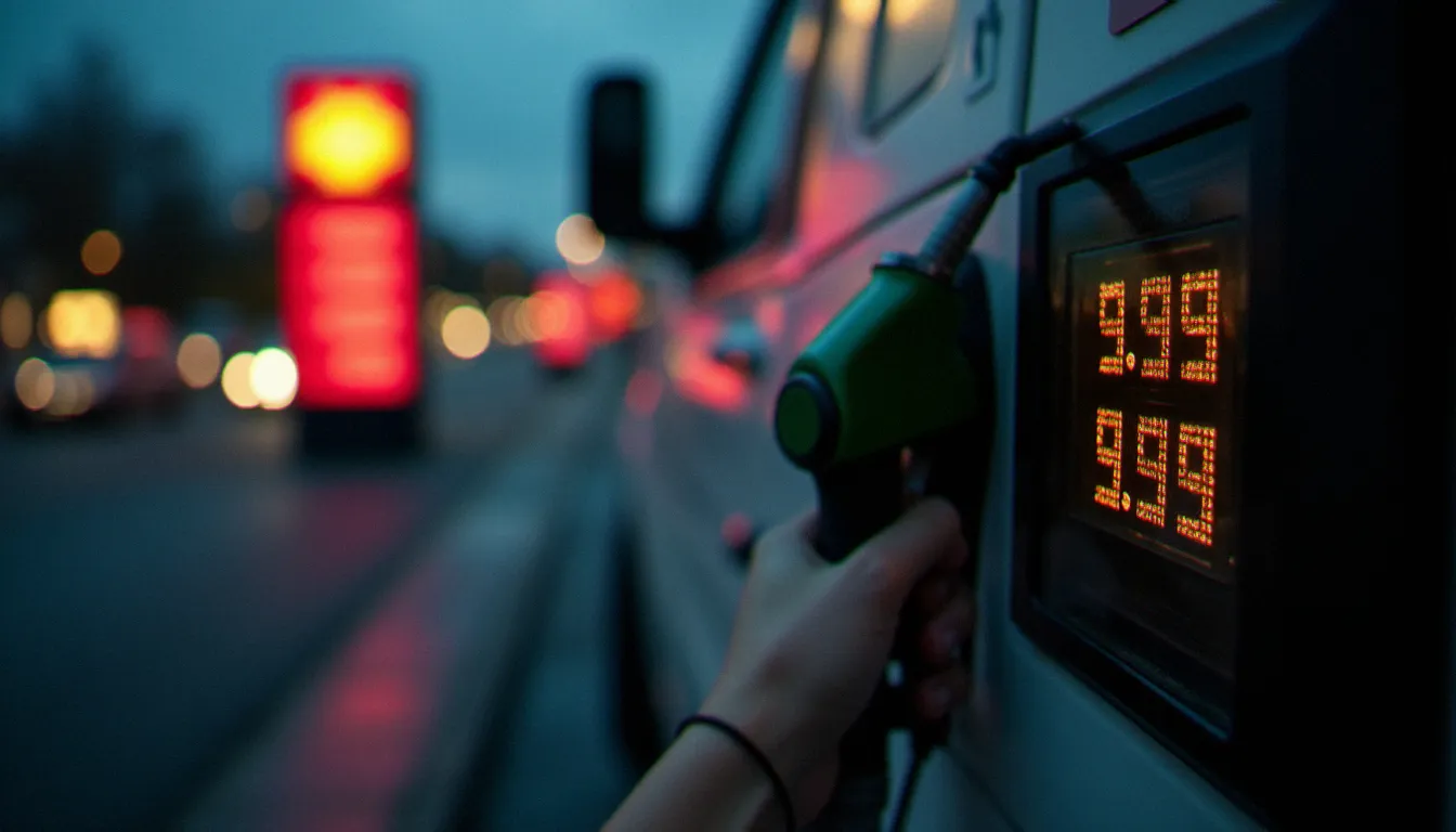 Composition artistique d'une photo prix carburant avec main floue tenant un pistolet de pompe au premier plan et panneau de prix net dans le tiers gauche du cadre