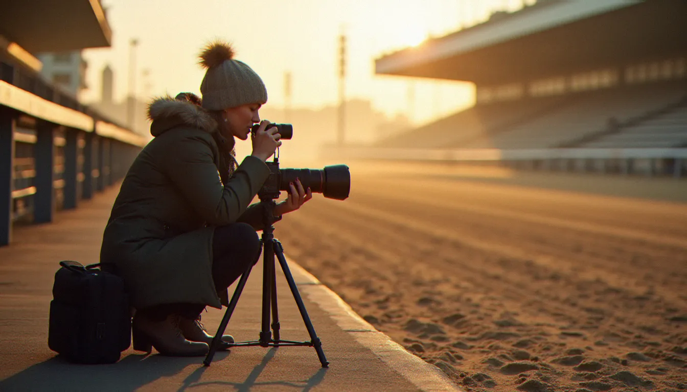Photographe femme préparant son matériel téléobjectif en bord de piste à l'hippodrome de Vincennes avant le Prix d'Amérique par temps hivernal