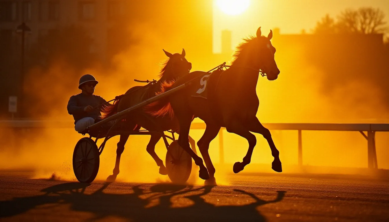 Contre-jour spectaculaire d'un trotteur en sulky à Vincennes, crinière auréolée par la lumière rasante hivernale lors du Prix d'Amérique