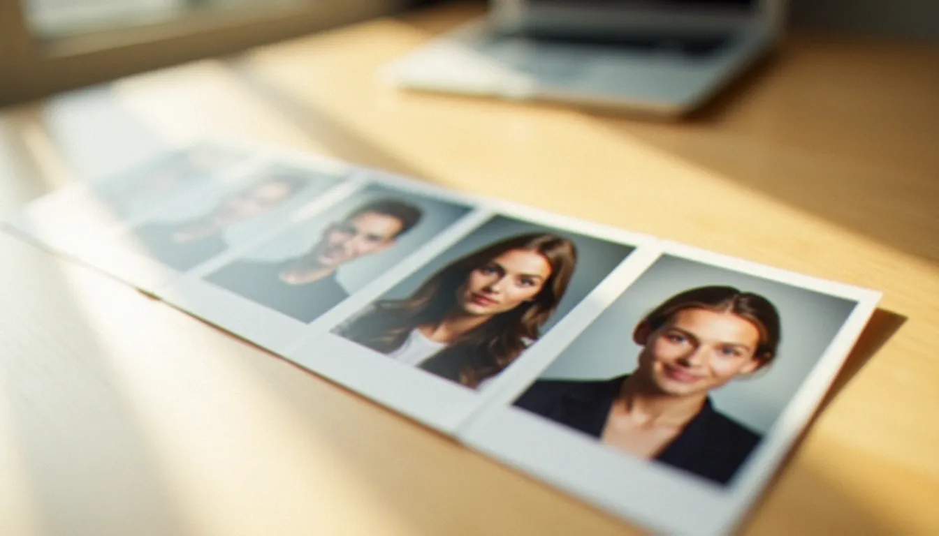 Planche de quatre photos d'identité photomaton sur une table en bois éclairée en lumière naturelle, illustrant le format standard et le prix d'une photo photomaton