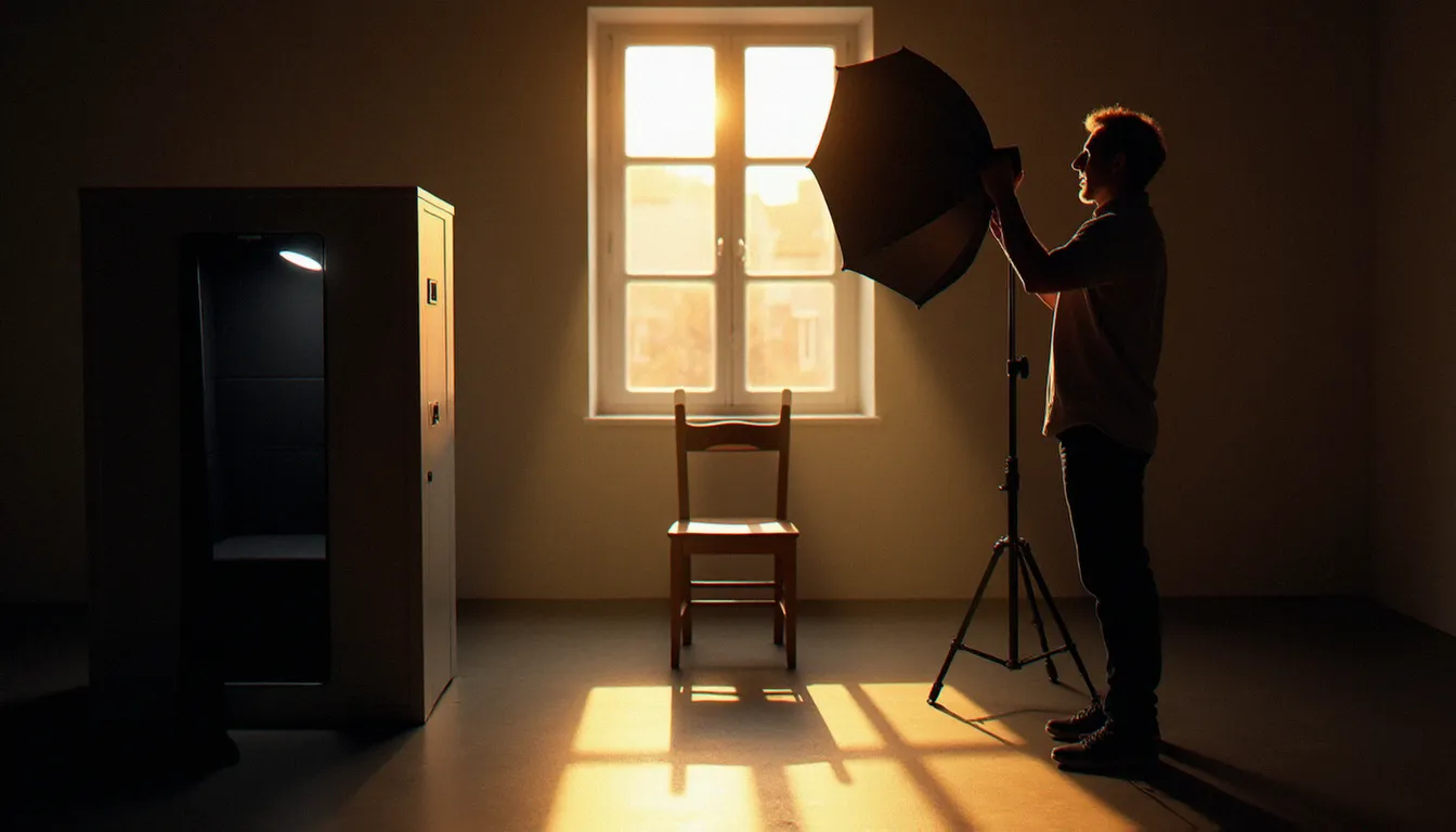 Comparaison entre une cabine photomaton compacte et un studio de photographie professionnel équipé d'une softbox, illustrant les différences de tarifs et de qualité entre les deux options