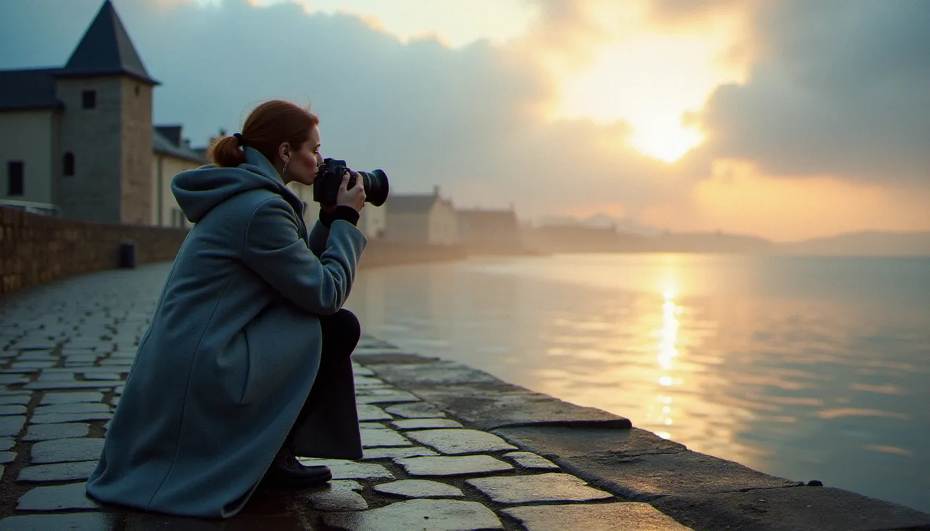 Photographe féminine capturant un portrait en lumière naturelle à l'aube sur les quais d'une ville côtière française, illustrant la création de clichés de stars légendaires en conditions de lumière réelles
