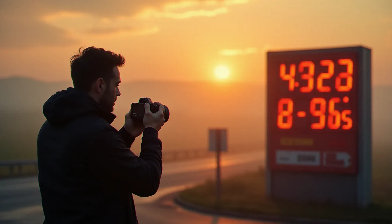 Photographe avec appareil hybride capturant un panneau de prix en station essence sous une lumière naturelle douce au lever du jour