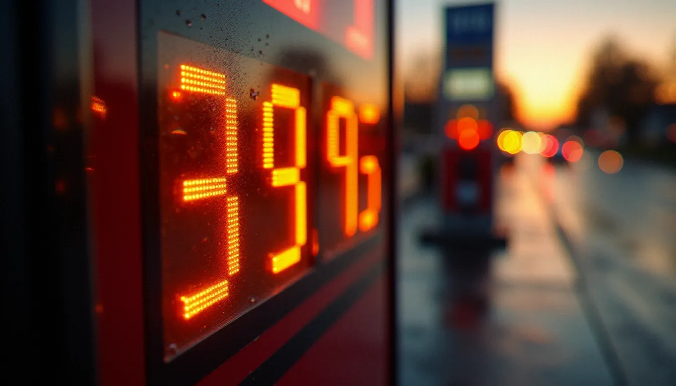 Gros plan sur un afficheur LED de prix carburant en euros dans une station essence française, illuminé par la lumière rasante du coucher de soleil avec reflets dorés sur l'asphalte mouillé