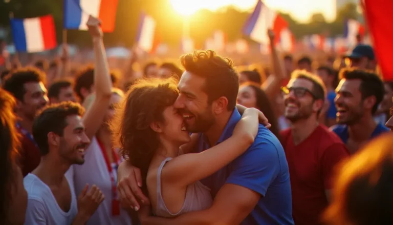 Photo de supporters français en liesse dans une fan zone au coucher du soleil lors d'une Coupe du Monde, visages éclairés par la lumière dorée naturelle de fin de journée