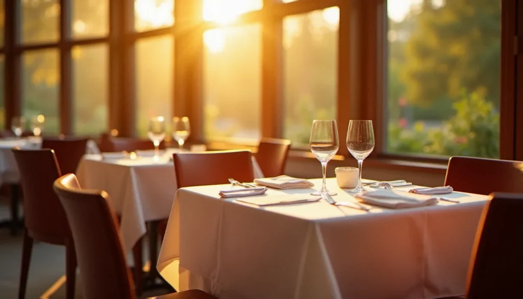 Salle d'un restaurant étoilé Guide Michelin 2026 baignée dans une lumière naturelle dorée de fin d'après-midi, avec une mise en place raffinée et des verres en cristal