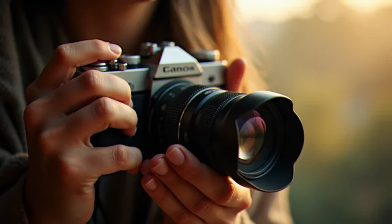 Mains d'une photographe tenant un appareil photo avec téléobjectif, illustrant les apocopes photo qui désignent les équipements photographiques professionnels