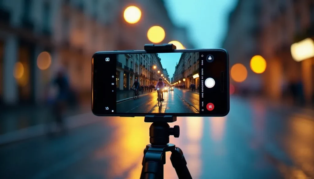 Smartphone Samsung posé sur un mini-trépied capturant une photo avec mouvement d'un cycliste dans une rue urbaine au crépuscule, avec des traînées lumineuses visibles sur l'écran