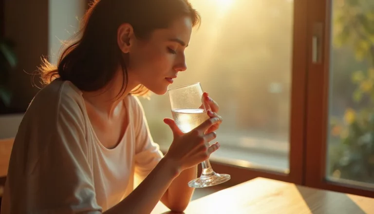 Photo d'une femme buvant un verre d'eau en lumière naturelle dorée près d'une fenêtre, illustrant comment photographier le geste de boire de l'eau