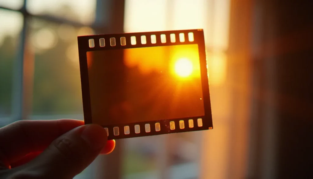 Bande de négatifs 35mm tenue à la lumière naturelle dorée, illustrant l'esthétique de la photo effet argentique