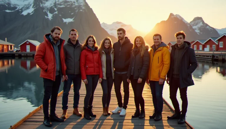 Photo équipe Norvège sur un quai des îles Lofoten au coucher de soleil, avec les rorbu rouges et les montagnes en arrière-plan