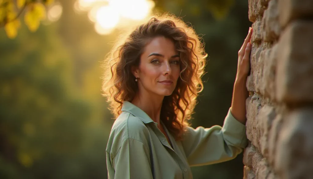 Photo d'une femme naturelle de 40 ans en lumière dorée du soir, regard détaché et expression sereine, portrait en lumière naturelle
