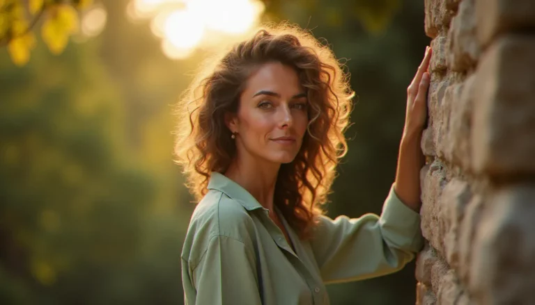 Photo d'une femme naturelle de 40 ans en lumière dorée du soir, regard détaché et expression sereine, portrait en lumière naturelle