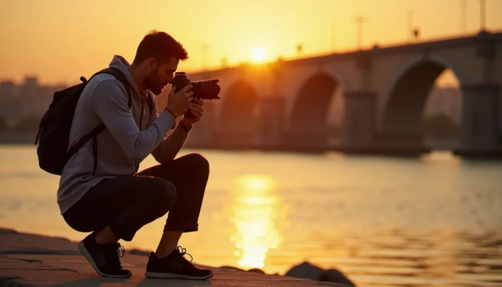 Photographe français au bord du Tigre à Bagdad capturant la lumière dorée du coucher de soleil, photo France Irak en lumière naturelle