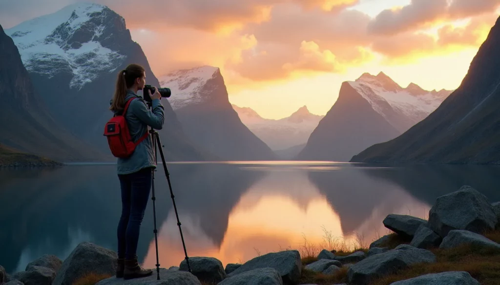Photographe avec trépied au bord d'un fjord norvégien lors de l'heure dorée, montrant les conditions idéales pour la photo France Norvège