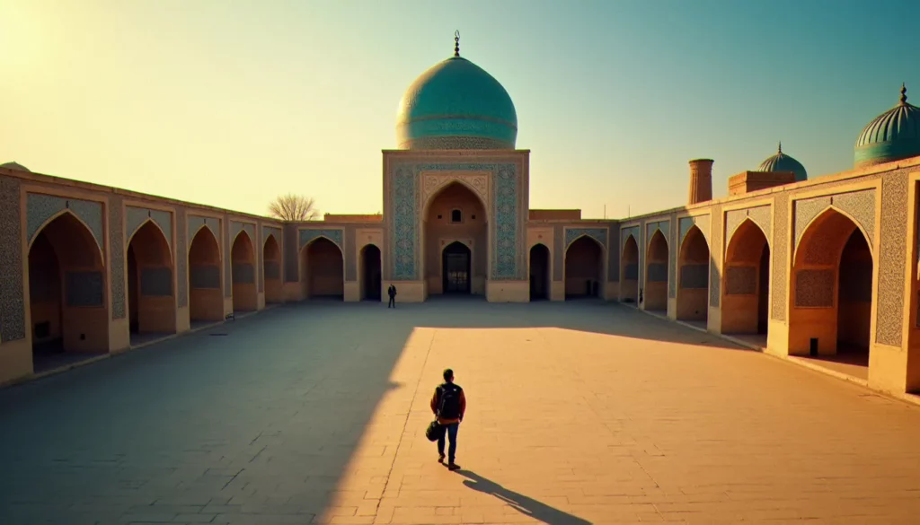 Photographe traversant la cour de la mosquée de l'Imam à Ispahan lors de la photo guide Iran, coupole turquoise illuminée par la lumière dorée