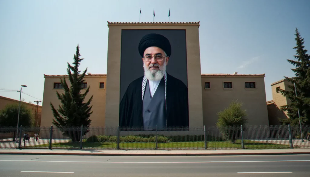 Portrait officiel du guide suprême iranien affiché sur un bâtiment institutionnel, illustrant la photo guide suprême iranien telle qu'elle est diffusée dans l'espace public