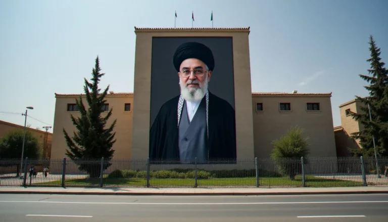 Portrait officiel du guide suprême iranien affiché sur un bâtiment institutionnel, illustrant la photo guide suprême iranien telle qu'elle est diffusée dans l'espace public
