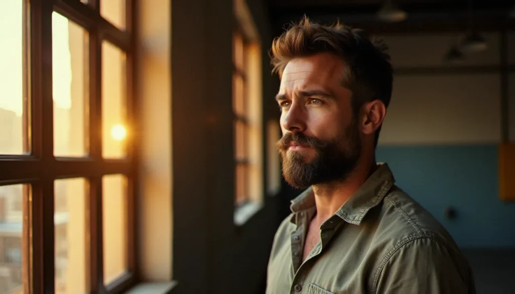 Portrait naturel d'un homme photographié en lumière dorée matinale près d'une fenêtre industrielle, illustrant la technique de photo naturel homme