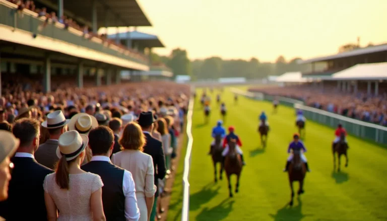 Vue panoramique de l'hippodrome de Chantilly lors du Prix de Diane 2026, avec des spectateurs élégants et des chevaux de pur-sang en plein galop sous la lumière de juin