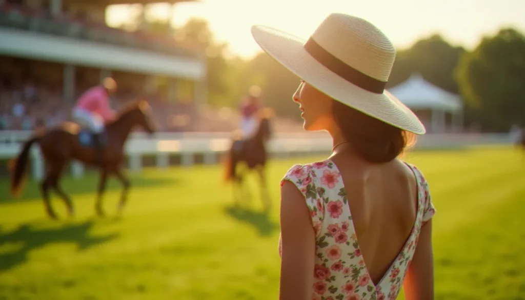 Photo Prix de Diane à Chantilly — portrait d'une invitée élégante en chapeau sur la pelouse de l'hippodrome, lumière naturelle dorée de juin en arrière-plan