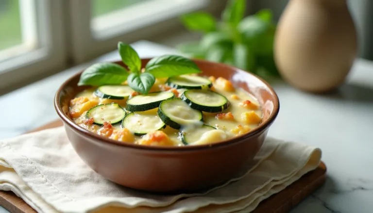 Photo recette de courgette à la crème dans un bol en céramique rustique, éclairée en lumière naturelle douce depuis une fenêtre, avec des rondelles de courgette et un filet de crème fraîche, sur fond de marbre clair