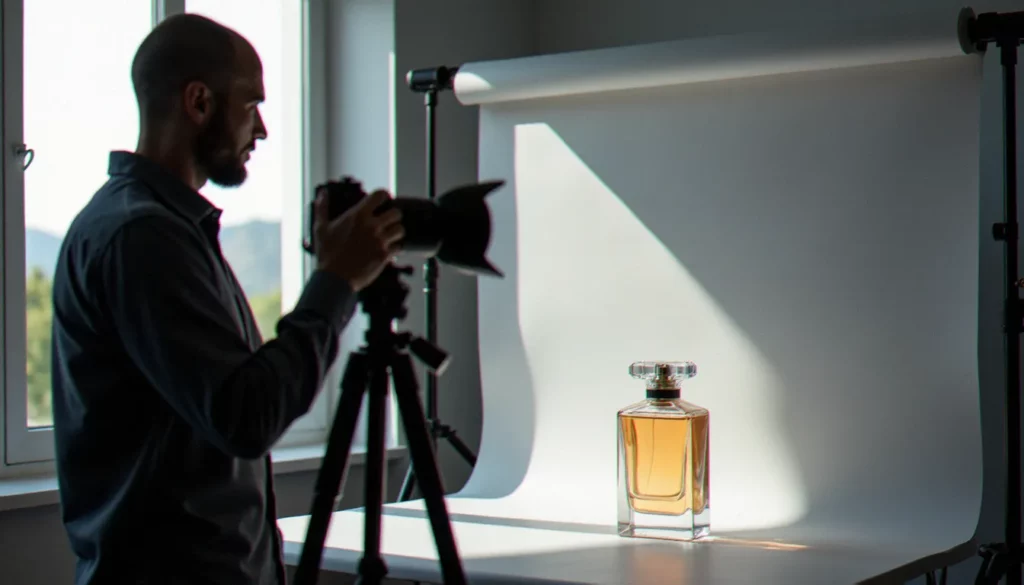 Photographe en studio réalisant une photo sans fond d'un flacon de parfum sur fond gris neutre avec éclairage naturel latéral