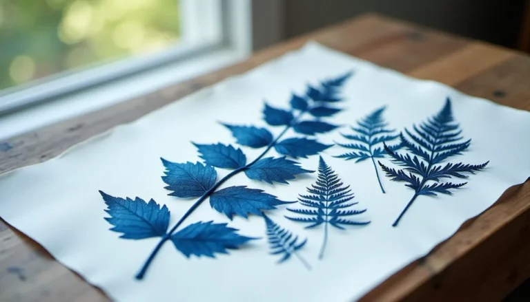 Photogramme cyanotype représentant des fougères et feuilles en silhouettes bleues sur papier blanc — exemple de photo sans photo par contact à la lumière naturelle