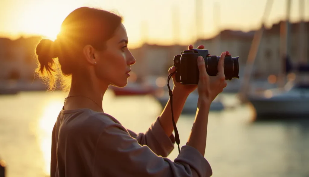 Photographe en 2016 capturant une scène en lumière naturelle dorée au bord d'un port, illustrant la question pourquoi photo 2016