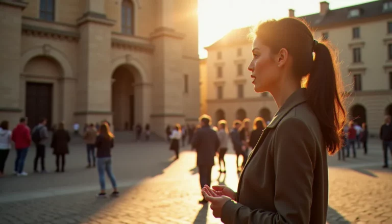 Photo guide touristique d'une femme présentant une cathédrale médiévale à un groupe de visiteurs sous une lumière dorée matinale