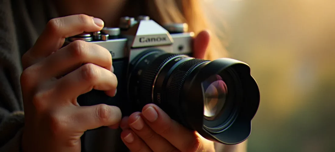 Mains d'une photographe tenant un appareil photo avec téléobjectif, illustrant les apocopes photo qui désignent les équipements photographiques professionnels