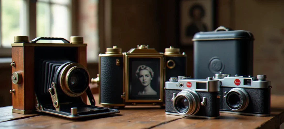 Collection d'appareils photographiques historiques posés sur une table en bois, incluant une chambre à soufflet en acajou et laiton, un daguerréotype, un Leica et un reflex bi-objectif