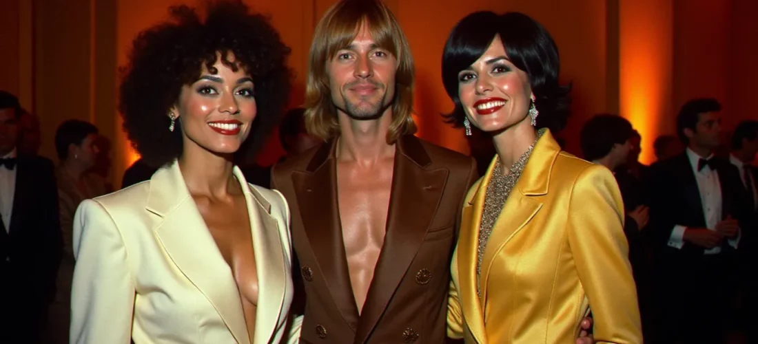 Portrait de groupe en lumière d'événement chaude des années 1970 illustrant l'ambiance de la photo avec David Bowie, Yoko Ono et John Lennon lors des Grammy Awards 1975 à New York