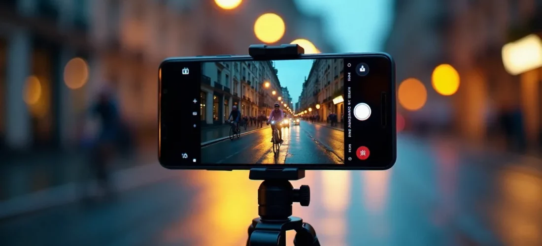Smartphone Samsung posé sur un mini-trépied capturant une photo avec mouvement d'un cycliste dans une rue urbaine au crépuscule, avec des traînées lumineuses visibles sur l'écran