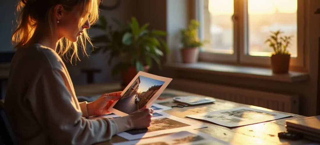 Photographe examinant des tirages photo posés sur une table en bois baignée de lumière naturelle matinale, photo avis en cours dans un atelier à La Rochelle
