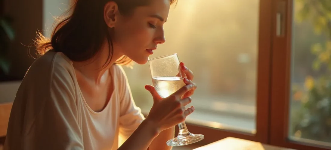 Photo d'une femme buvant un verre d'eau en lumière naturelle dorée près d'une fenêtre, illustrant comment photographier le geste de boire de l'eau