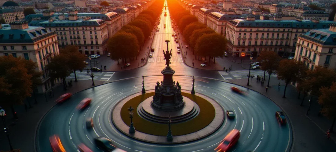 Vue aérienne d'un rond-point français photographié à l'heure dorée, avec sculpture centrale nette et traînées lumineuses des véhicules en circulation, exemple de photo comment prendre un rond point avec maîtrise