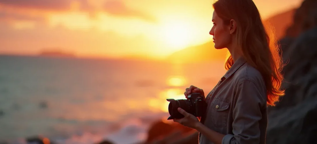 Photographe observant la lumière naturelle au coucher du soleil sur la côte atlantique, illustrant ce que les photos désignent aussi au-delà du visible