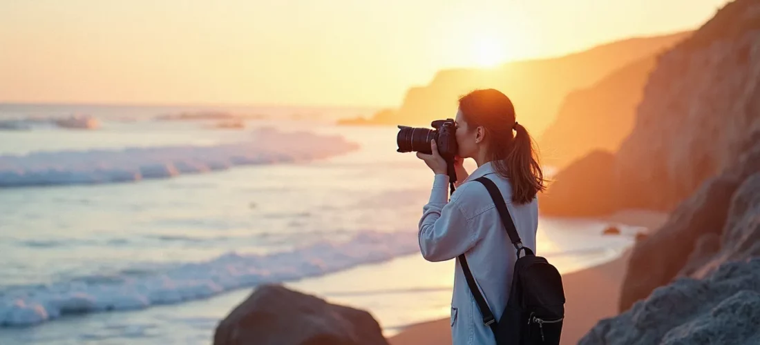 Portrait d'une photographe sur les rochers de la côte atlantique, traité en photo effet aquarelle avec des aplats de couleur translucides et une lumière dorée diffuse