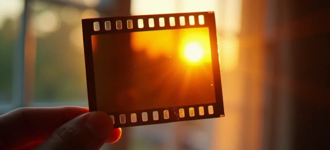 Bande de négatifs 35mm tenue à la lumière naturelle dorée, illustrant l'esthétique de la photo effet argentique