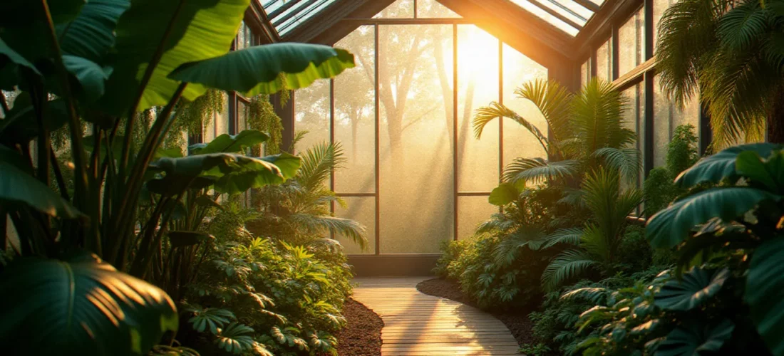 Intérieur d'une serre botanique baigné d'une lumière dorée et diffuse filtrant à travers les panneaux de verre, illustrant la photo effet de serre avec ses plantes tropicales et son atmosphère enveloppante