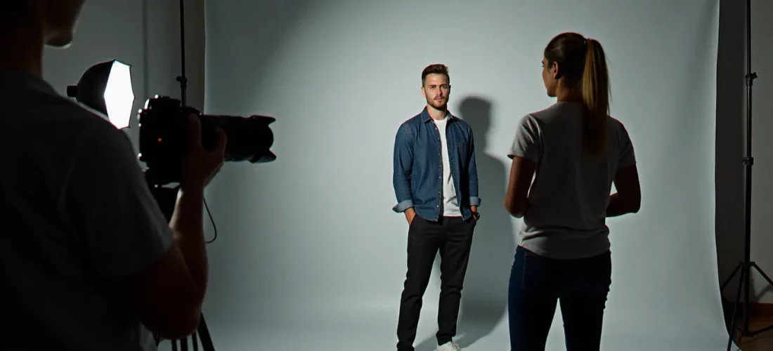 Photographe utilisant un flash déporté en studio pour créer une photo effet flash sur un portrait masculin avec fond gris et éclairage latéral dramatique